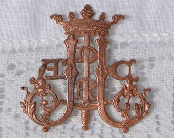 Vintage French Joan of Arc Monogram Brass Stamping Raw Brass Emblem 1 Piece 89J