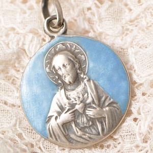 Antique French Sacred Heart of Jesus Solid Silver and Blue Enamel Religious Medal Notre Dame du Mont Carmel