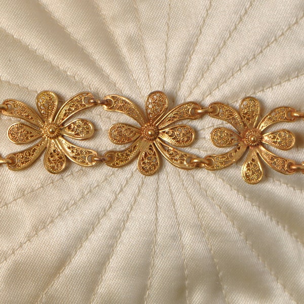 Vermeil Vintage Bracelet Filigree Flowers Middle Eastern Solid Silver Covered in 18kt Gold