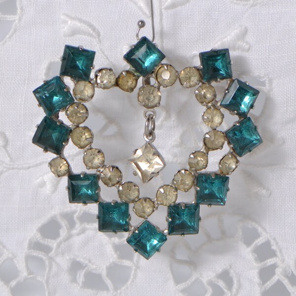Vintage 1940's Heart Pendant Aquamarine Turquoise & Clear Rhinestones