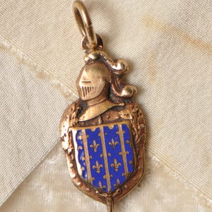 Vintage French Military Medal Miniature Armor Knight Gold Tone Royal Blue Enamel with Fleur de Lis Authentic Made in Paris France