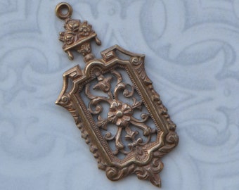 Vintage French Raw Brass Pendant or Charm Stamping Victorian or Medieval Style 1 Piece 486J