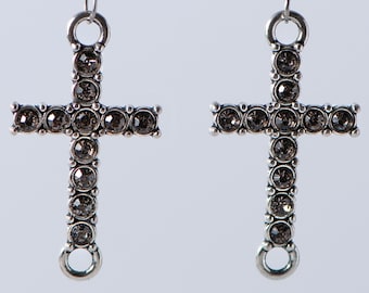 Pair of 2 Vintage Style Black Diamond Rhinestone One to One Cross Connectors Antique Silver Tone Metal