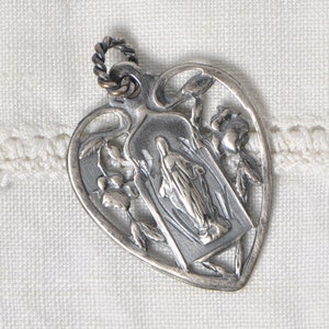 Authentic Antique Original Solid Silver French Open Work Medal Virgin Mary Catholic Heart Shaped Pendant