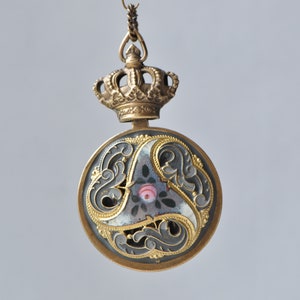 Vintage Belgian Medal Royal Crown Gold Toned Bronze Antique Hand Painted Enamel Pendant JAT