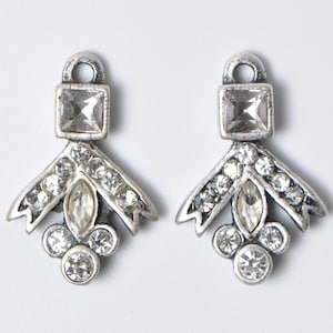 2 Pieces Vintage Rhinestone Encrusted Pendants Charms Antiqued Silver Tone with Crystal Rhinestones One Pair One of a Kind