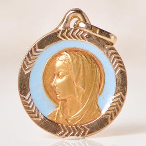 Vintage French Virgin Mary in Profile Gold Plated Religious Medal with Baby Blue Enamel Hallmarked &quot;ORIA&quot;