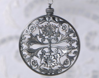 Vintage Glass Locket Filigree Antique Sterling Silver Plated Rare for 39 mm Diameter Images or Keepsakes