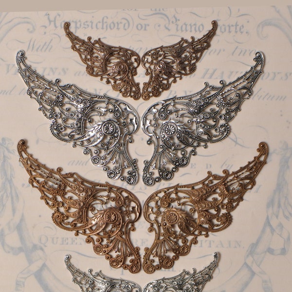 French Brass Stamping Angel Wings Findings Antique Silver or Gold Patina Victorian Steampunk Style 1 Set 328J 329J 330J 331J