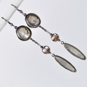 Antique Hand Carved Cameos Cufflinks Mother of Pearl Assemblage Earrings Sterling Silver Rope Chain Cathedral Beads