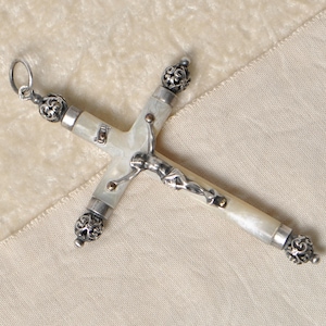Antique Baroque Style Sterling Silver Mother of Pearl French Crucifix Catholic Christian Cross Shell For Rosary