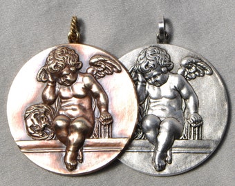 Large French Winged Cherub Putti Medal Antique Gold or Antique Silver Finish Brass Angel Pendant 3D 515J