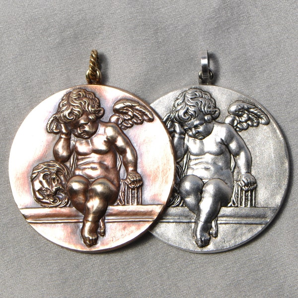 Large French Winged Cherub Putti Medal Antique Gold or Antique Silver Finish Brass Angel Pendant 3D 515J