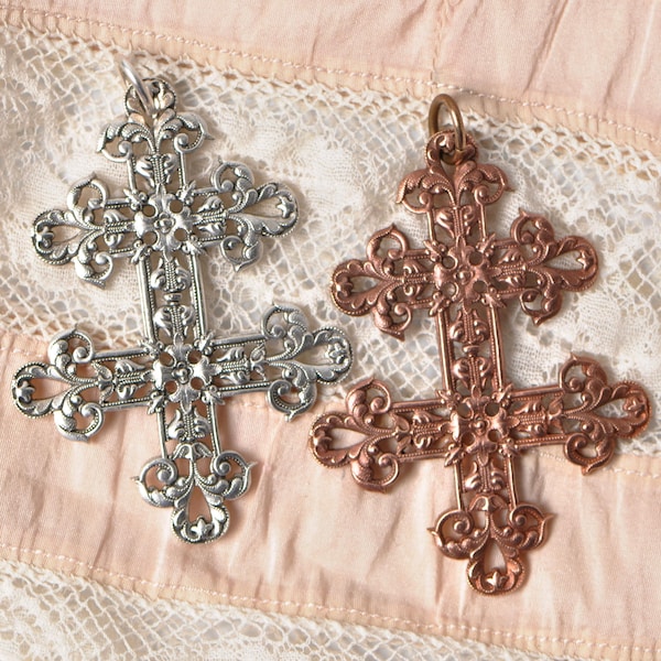 Vintage Cross of Lorraine Christian Large French Filigree Necklace Pendant Joan of Arc Antique Silver or Rose Gold 1 Piece 187J