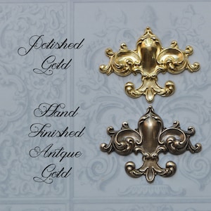 French Brass Stamping Baroque Style Fleur de Lis Brass Stamping Hand Finished Antique Golden or Polished Gold Tone Made in USA 20V