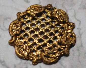 Tiny Vintage French Filigree Chain Link or connector Harlequin Pattern Gold Toned Raw Brass Stamping 1 Piece 477J