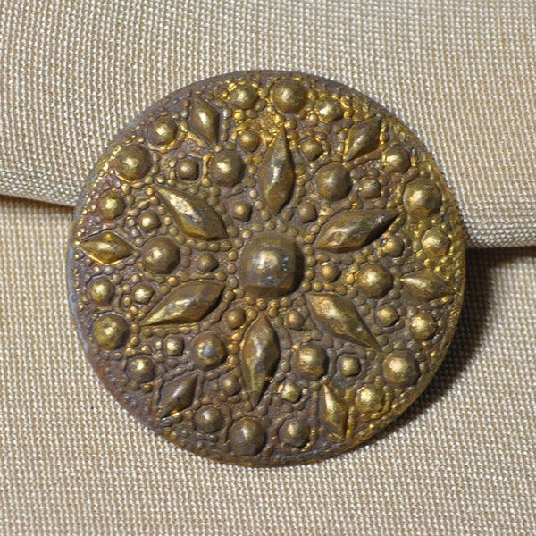 Vintage French Studded Raw Brass Cabochon Stamping Faux Cut Steel 459J