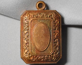 Vintage French Locket or Fob Pendant Charm Finding Ornate Raw Brass Stamping 2 Pieces 392J