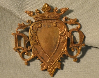 Vintage French Heart Crown Notre Dame Our Lady Raw Brass Emblem 1 Piece 90J