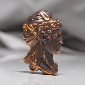 Vintage French Made Grecian Greek Lady Profile Metal Cameo Raw Brass Stamping 1 Piece 489J