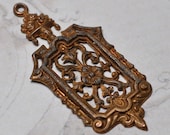 Vintage French Raw Brass Pendant or Charm Stamping Victorian or Medieval Style 1 Piece 486J