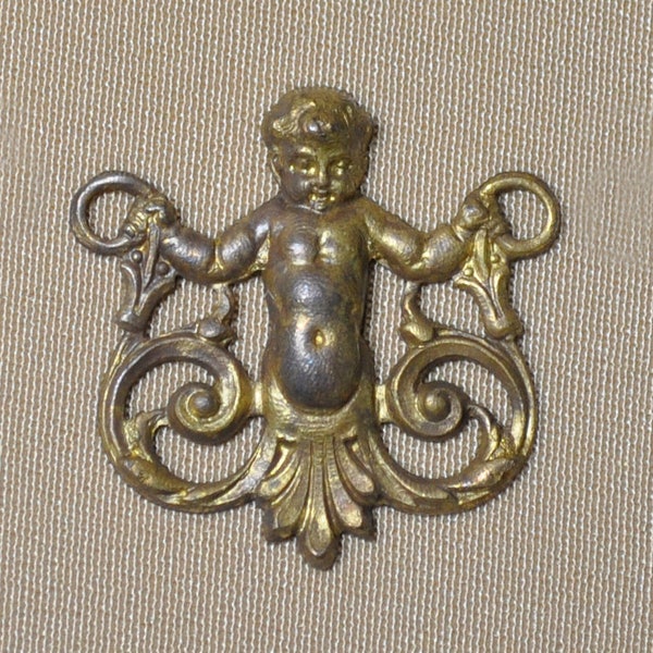 Vintage French Cherub Angel Putti Filigree Bracelet Necklace Chain Link Gold Toned Raw Brass 1 Piece 453J