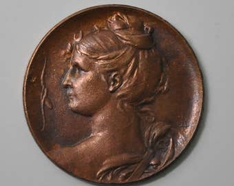 Vintage French Medal Greek Goddess of the Hunt Artemis Profile Die Casting Pendant Finding Raw Brass 1 Piece 435J