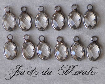 6 Pieces Tiny Bezel Set Crystal Clear Faceted Glass Oval Drops Charms Pendants Silver Toned Metal