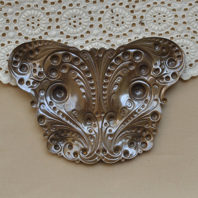 Large Stylized Butterfly Stamping Victorian Style Emblem Finding Antiqued Brass Made in USA