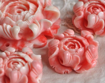 2 Sizes 1 Piece Faux Hand Carved Coral Peony Peonies Flower Pendant Connector Resin