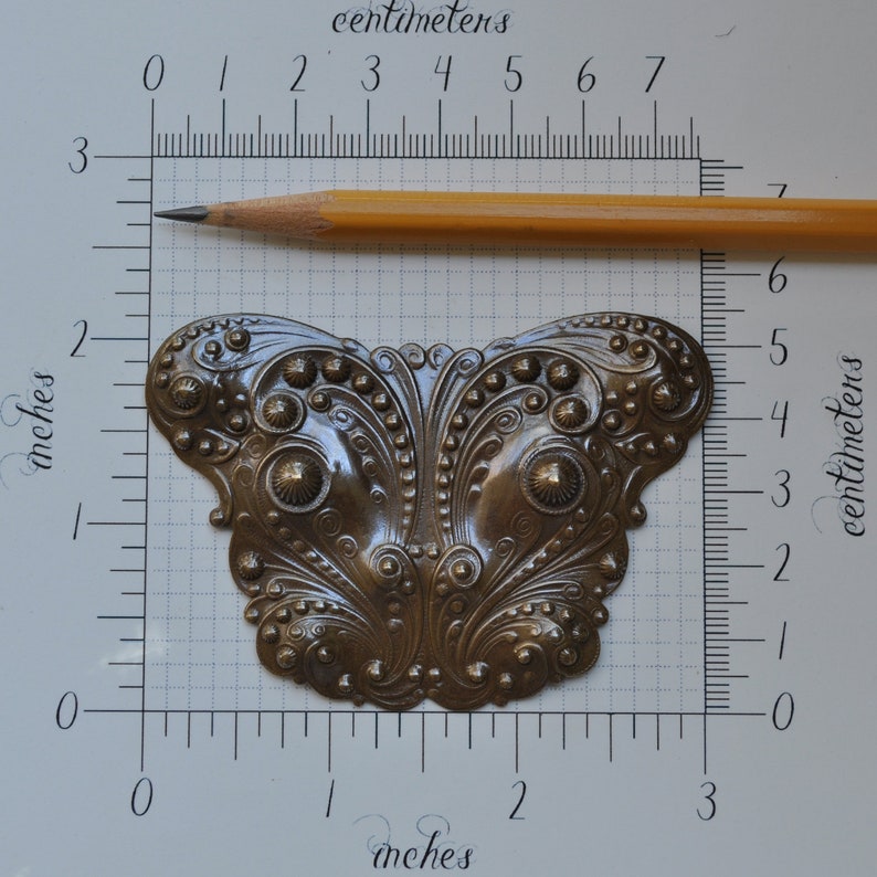 Large Stylized Butterfly Stamping Victorian Style Emblem Finding Antiqued Brass Made in USA