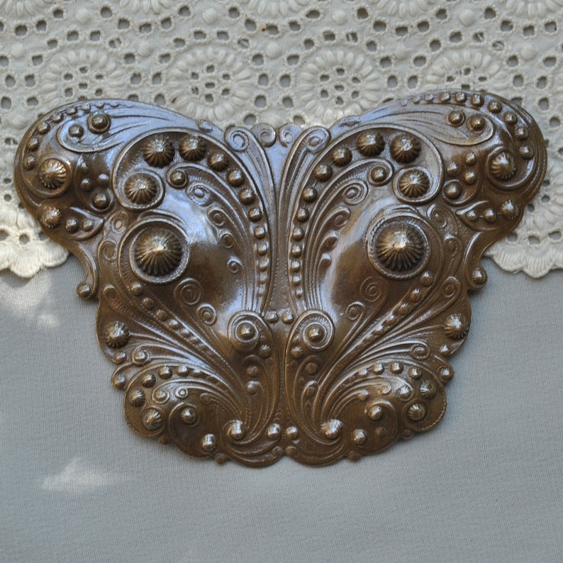 Large Stylized Butterfly Stamping Victorian Style Emblem Finding Antiqued Brass Made in USA