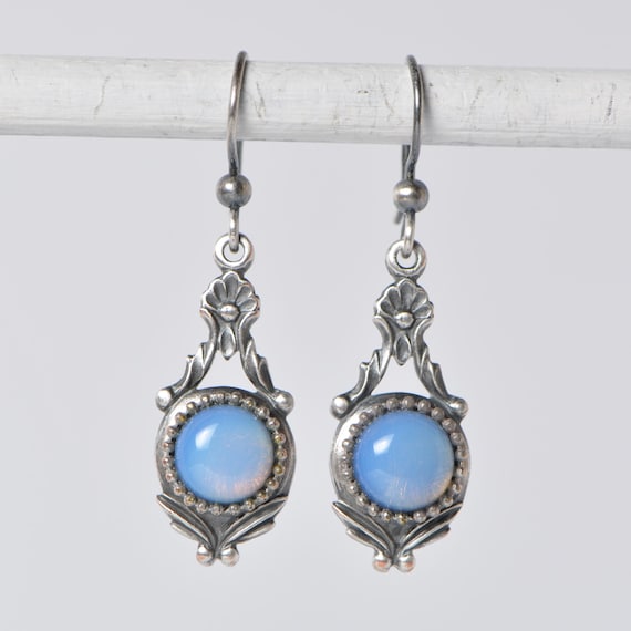 Antique Style Neoclassical Flower Bud Opalite Opaline Earrings