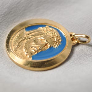 Vintage French Jesus with Crown of Thorns Gold Plated Religious Medal with Blue Enamel