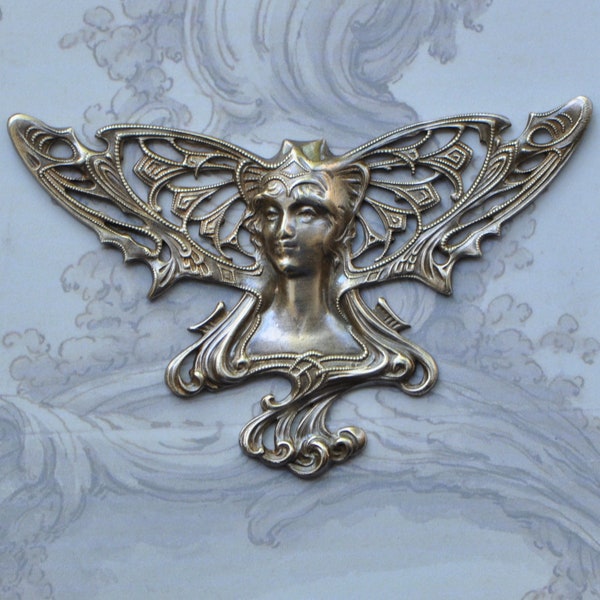 French Art Nouveau Angel Winged Princess Lady Nymph Finding Raw Brass Stamping Die Casting Made in France 407J
