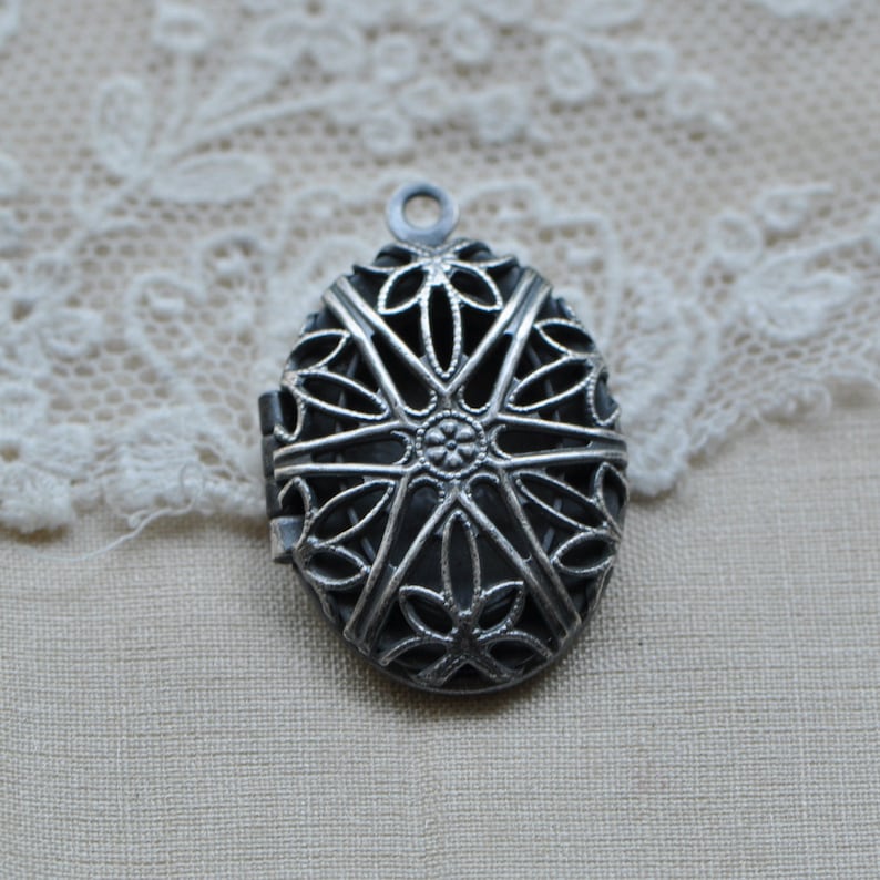 Tiny Vintage Oval Filigree Locket Sterling Silver Plated Brass Keepsake Reliquary Made in USA