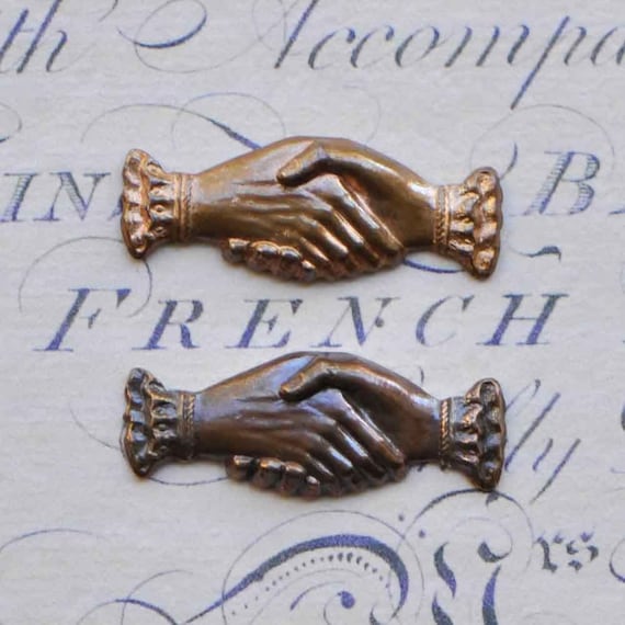 Small French Clasped Hands Stamping Antique Victorian Style Dark or Light Patina Made in France 546J