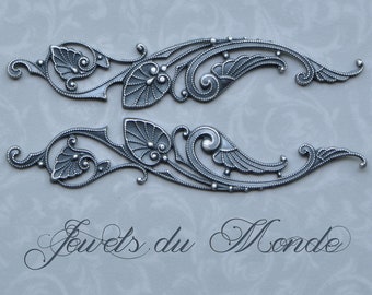 2 Art Nouveau Brass Stampings Style Français Flourish Findings Sterling Silver Plated Brass Die Castings for Émailing 336J