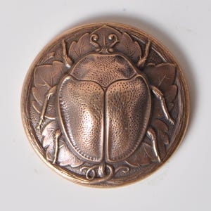 May include: A bronze-toned, circular decorative piece with a detailed beetle design. The beetle is centrally placed, encircled by stylized leaves. The design has a vintage, antique aesthetic.