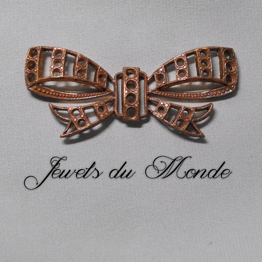 Vintage French Art Deco Bow Ribbon Rhinestone Paste Stone Setting Brass ...