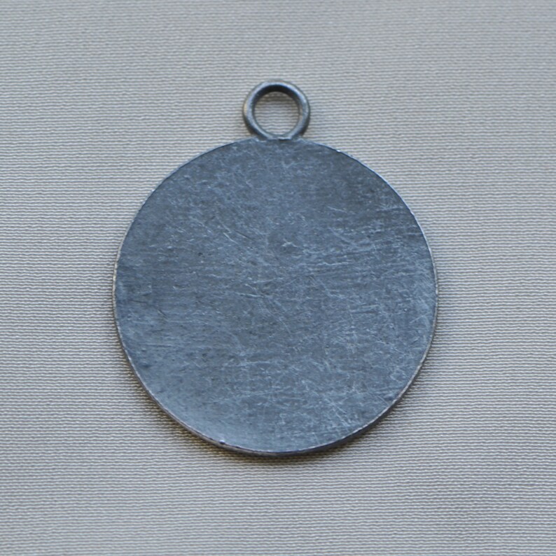 French Saint Joan of Arc Medal Antique Silver Plated Brass with Cobalt Enamel Medieval Style Pendant Fleur de Lis 517J