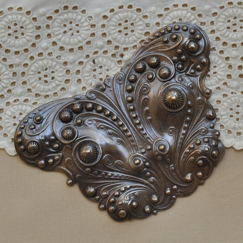 Large Stylized Butterfly Stamping Victorian Style Emblem Finding Antiqued Brass Made in USA