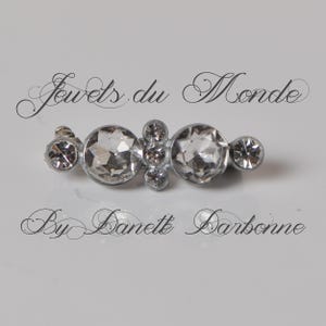 May include: A silver bar pin with clear, faceted crystal embellishments. The pin has two large central crystals and smaller stones. The text "Jewels du Monde" and "By Danette Darbonne" are displayed in elegant script.