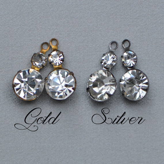 8 mm Diameter Crystal Rhinestone Drops Antiqued Gold or Silver Pendant Charm Brass Setting Foil Back 17 mm Long 6 or 10 Pieces FE2