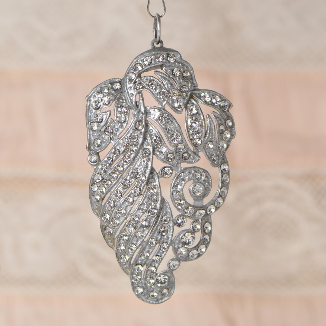 Large 1940's Pot Metal and Paste Rhinestone Pendant Antique Silver Tone ...