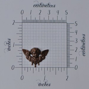 May include: A bronze cherub figurine with wings outstretched, measuring approximately 2.5 cm in height. The cherub has a detailed face and flowing hair.