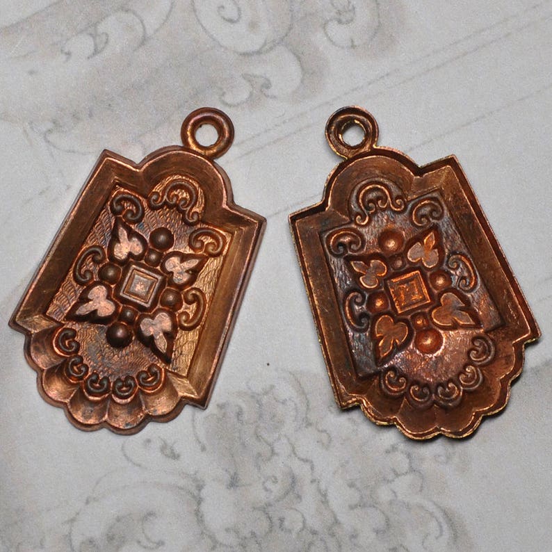 Vintage French Locket or Watch Fob Findings Ornate Shield Raw Gingerbread Brass Stampings 2 Pieces 479J image 4