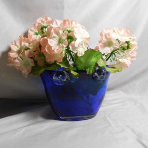 Blown Cobalt Blue Art Glass Basket with Clear Glass Double Handles