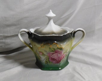 Octagon Victorian Pink Rose Double Handled Lidded Sugar Bowl, Made in Germany