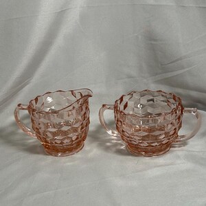 Jeannette Glass Cube Pink Cream and Double Handle Open Sugar